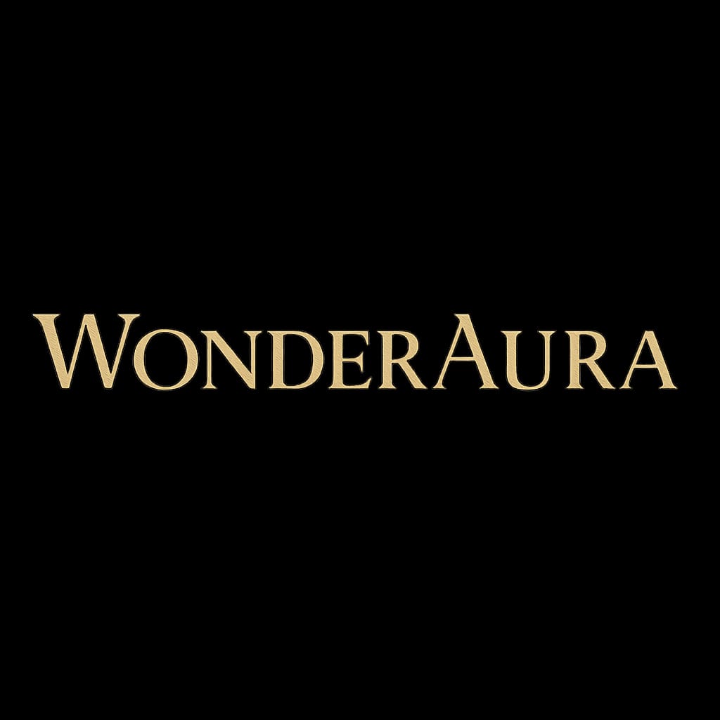 Gold 'WonderAura' text on a black background